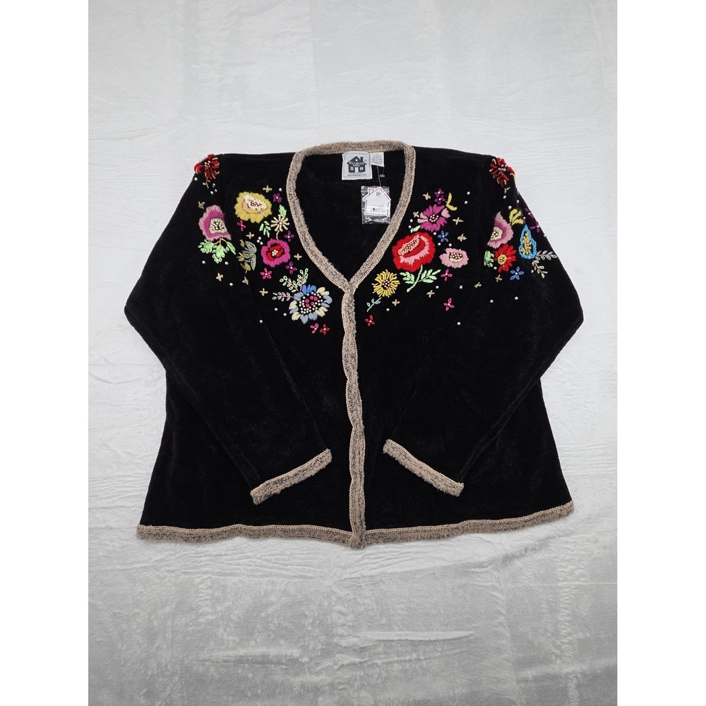 VTG Storybook Knits 3X Black Floral Beaded Cardigan Sweater Chenille NWT 90s